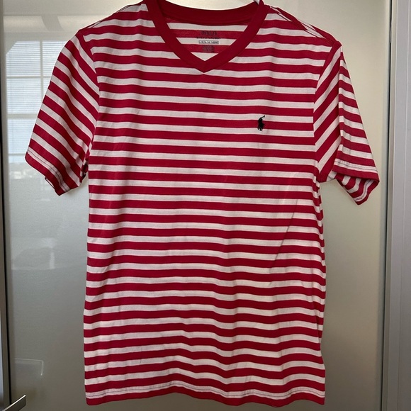 Polo Ralph Lauren T Shirt Medium Pink White Stripe V Neck large - Picture 1 of 4